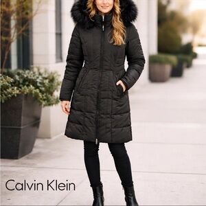 Calvin Klein Women's Elegant Black Puffer Jacket Down Coat Faux Fur Hooded Small